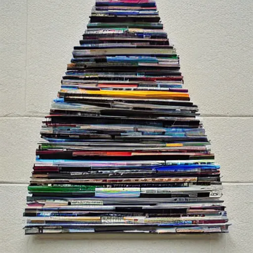 Image similar to tower of babel but it is made from 12 inch vinyl LPs