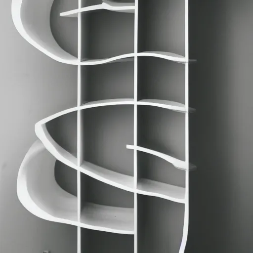 Prompt: photo of white bookshelf shaped like a spiral on white background