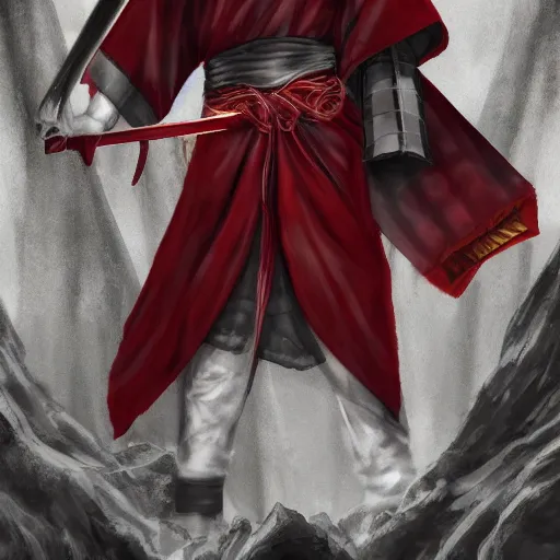 Image similar to samarai cloaked in white with swords, standing in light beam of a dark cave, ruby red sorrow, high quality, ultra detail