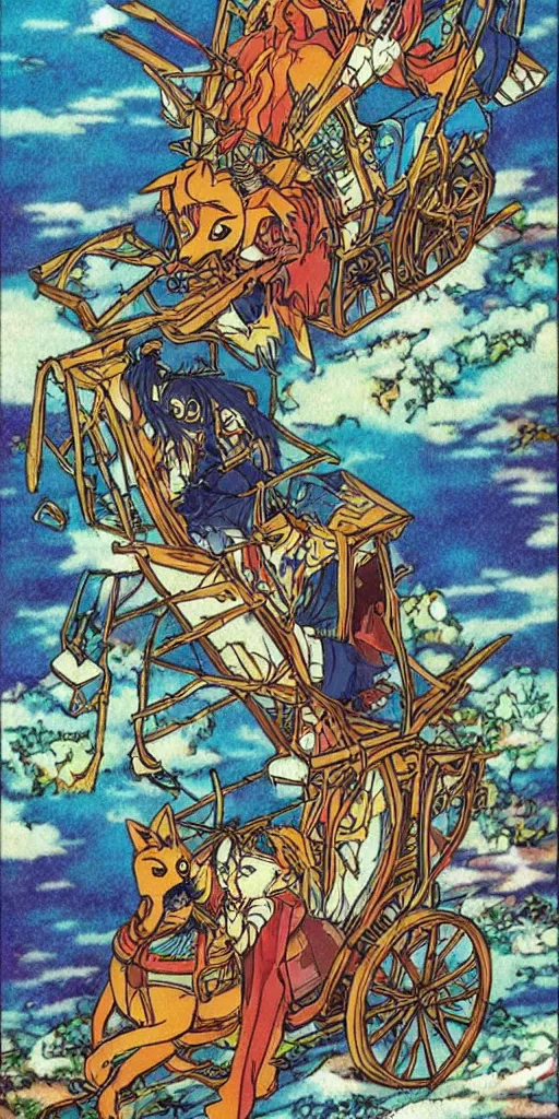 Prompt: a mystical chariot drawn by foxes in japan, 1990s anime, full color, tarot card the chariot,