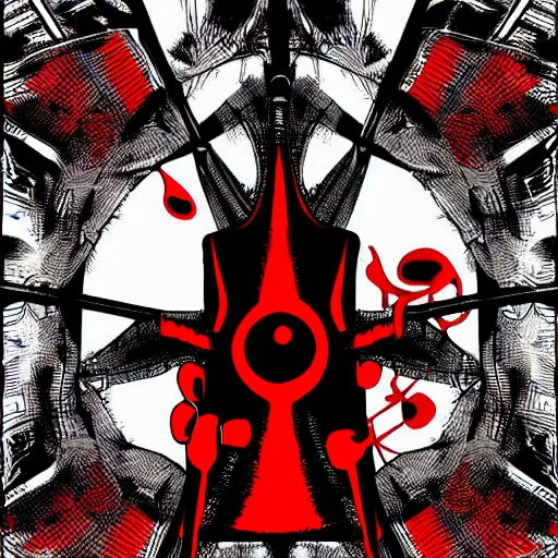Prompt: Devil in pastor outfit facing camera head down, symmetrical, spooky, black and red, digital art