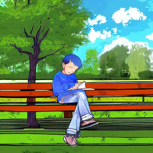 Image similar to a boy sitting on a bench in the park writing in his notebook, a guitar is next to him on his bench, digital art