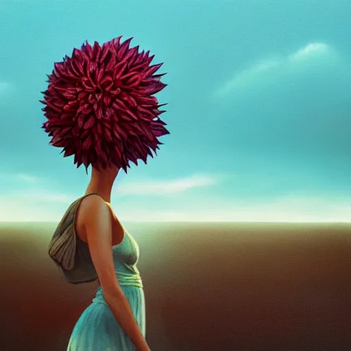 Prompt: closeup giant dahlia flower into head, girl walking between dunes, surreal photography, sunrise, blue sky, dramatic light, impressionist painting, digital painting, artstation, simon stalenhag