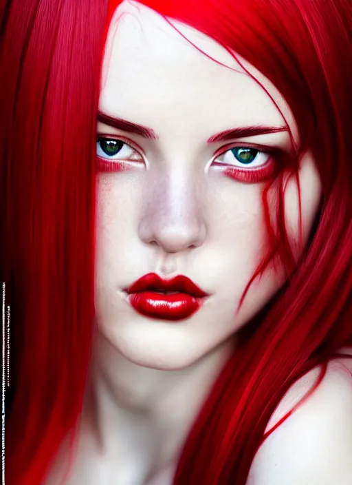 Prompt: photo of gorgeous woman with red and white half dye hair in the style of stefan kostic, realistic, half body shot, sharp focus, 8 k high definition, insanely detailed, intricate, elegant, art by stanley lau and artgerm, foggy backgeound