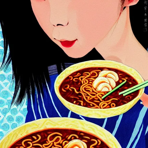 Image similar to beautiful japanese female model eating ramen soup portrait in the style of art anya taylor - joy