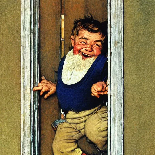 Prompt: close up portrait of dwarf jumping from window by norman rockwell, illustration, 5 0 mm lens,