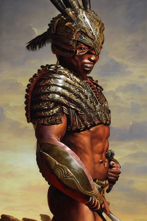 Prompt: a powerful and muscular male african warrior, tribal armour, realistic oil painting by Thomas Cole and Wayne Barlowe