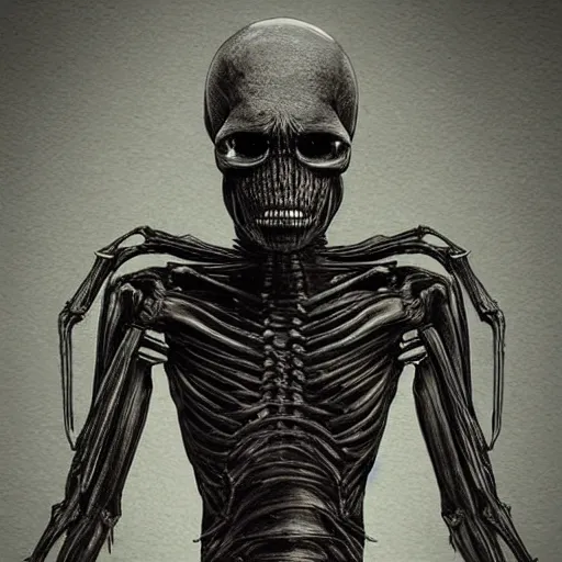 Prompt: “A black, human sized, bipedal alien, standing still, with long black arms and legs, a skinny torso with visible ribs, with a long, muscular tail, and a large, curved, oblong head ending in a skull face. Artwork by H.R.Giger”