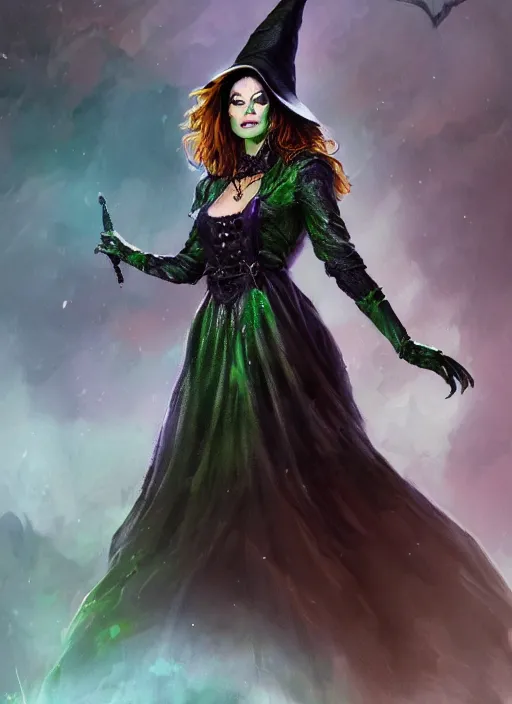 Prompt: beautiful female wicked witch, rebecca romijn as the wicked witch of the west, full body character concept, armor, super powers, fantasy, intricate, elegant, highly detailed, digital painting, artstation, concept art, shining, sharp focus, illustration, art by stanley lau