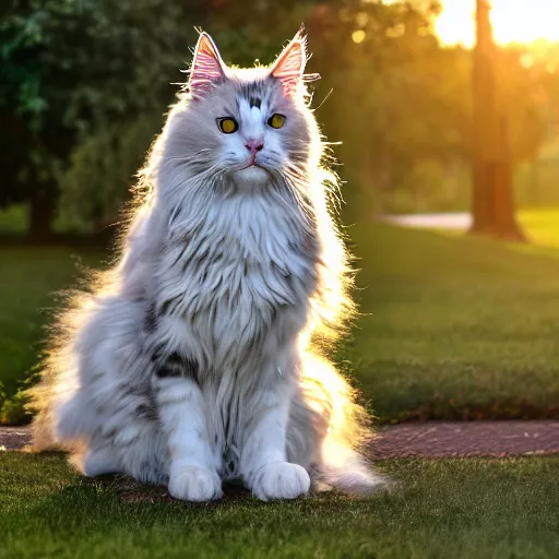 Image similar to a cute white fluffy maine coon cat sitting on the corner of a front yard outside in the late afternoon on a beautiful summer day, sunset