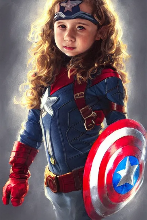 Image similar to a little girl with a michievous face and light brown curly wavy hair. she is dressed as captain america, spider - man, batman, captain marvel, a superhero. clean elegant painting, beautiful detailed face. by artgerm and greg rutkowski