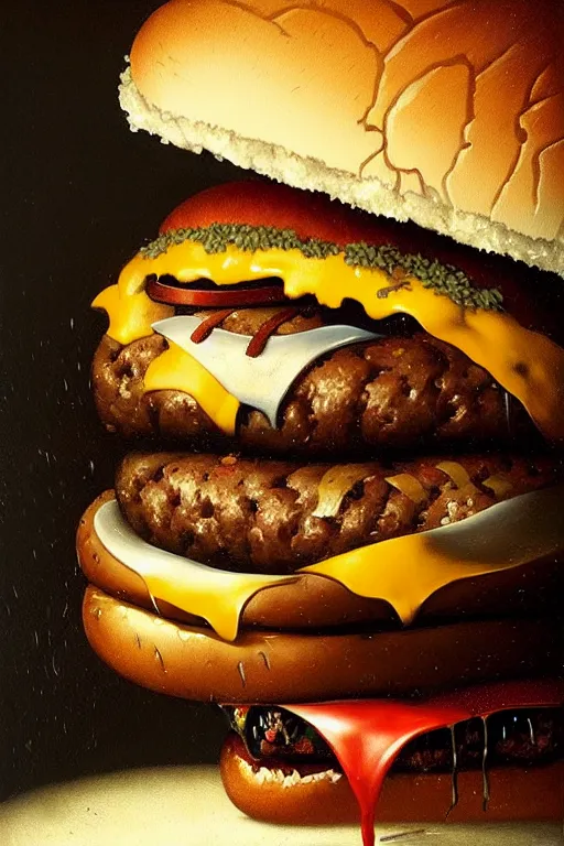 Image similar to hieronymus bosch, greg rutkowski, anna podedworna, painting of the burger king eating a whopper burger, extreme close up, insane detail