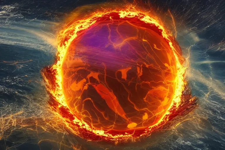 Prompt: epic landscape with a sphere that contains fire element, water element, earth element, wind element while it pulsates and discharges light rays