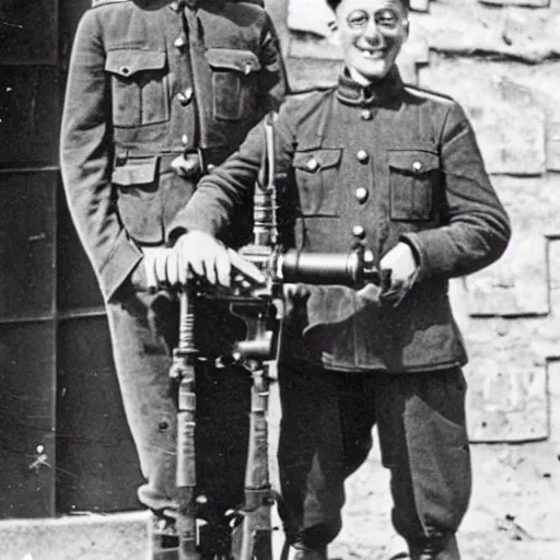 Image similar to old wartime photograph of bill gates holding a lewis gun, 1 9 1 7