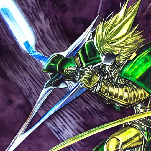 Image similar to knight in green car, blue armor, gold sword, dragon attack, low angle, action, manga panel, ONE, Murata, Berserk