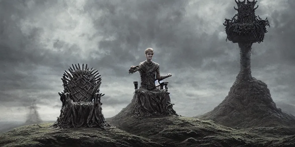 Image similar to Jack Gleeson as King Joffrey Baratheon sitting on the Iron Throne, Les Edwards, Zdzislaw Beksinski, Carl Gustav Carus, John Harris, Michal Karcz, Zhang Kechun, Mikko Lagerstedt, Scott Listfield, Steven Outram, Jessica Rossier