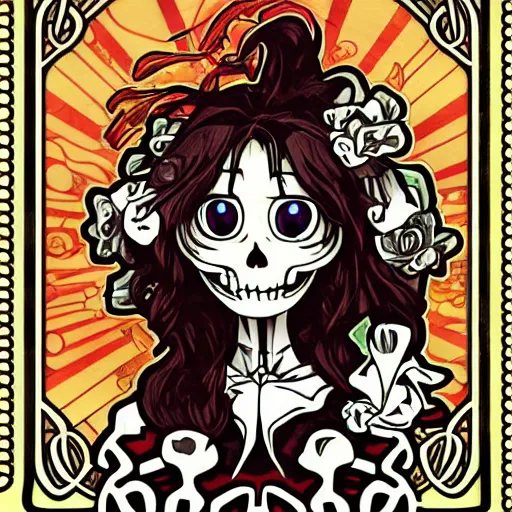 Image similar to anime manga skull portrait cuphead girl disney cartoon skeleton illustration style by Alphonse Mucha pop art nouveau