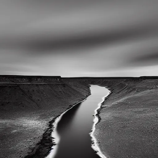 Prompt: minimalist black and white photograph, of an icelandic canyon, time exposure, of a river, in the style of denis villeneuve