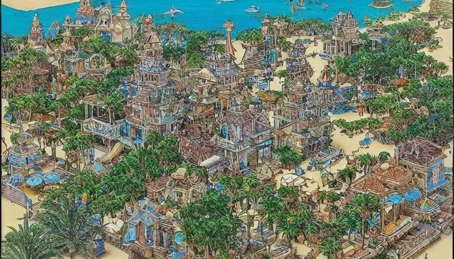 Image similar to beautiful seaside tropical village by moebius, intricate, very beautiful, highly detailed