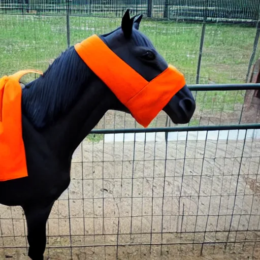 Image similar to horse with orange inmate clothes, in a jail