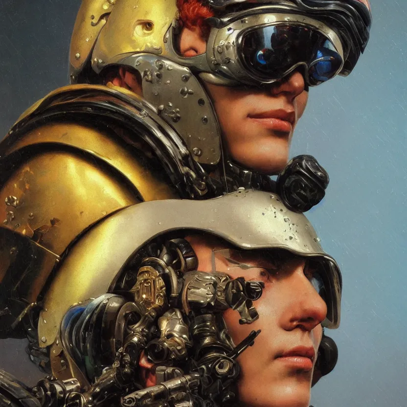 Prompt: baroque neoclassicist close - up portrait of a neofuturistic cyberpunk fighter pilot wearing a visor iridescent textures. highly detailed science fiction painting by norman rockwell, frank frazetta, and syd mead. rich colors, high contrast, gloomy atmosphere. trending on artstation and behance.