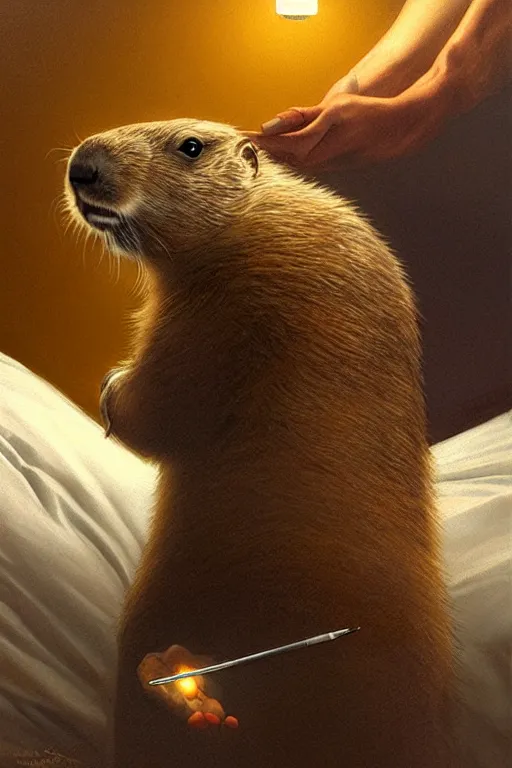 Image similar to drug addicted groundhog with a needle lies on the bed, realistic portrait, highly detailed, digital painting, artstation, concept art, smooth, sharp focus, illustration, cinematic lighting, art by artgerm and greg rutkowski and alphonse mucha