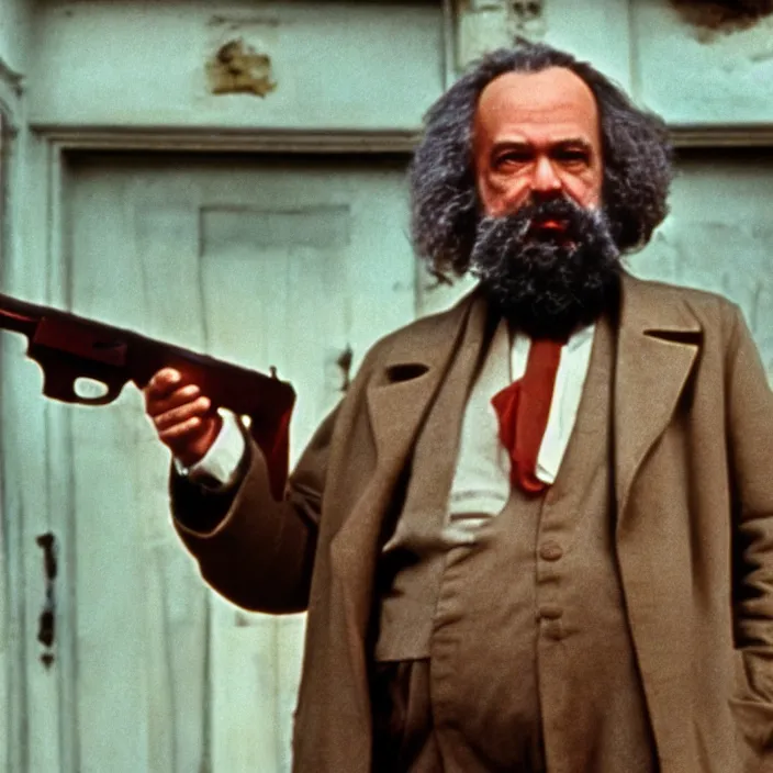 Prompt: very detailed 70s movie still of one Karl Marx with a kalachnikov, cinestill 800t 10mm 4k, grainy picture