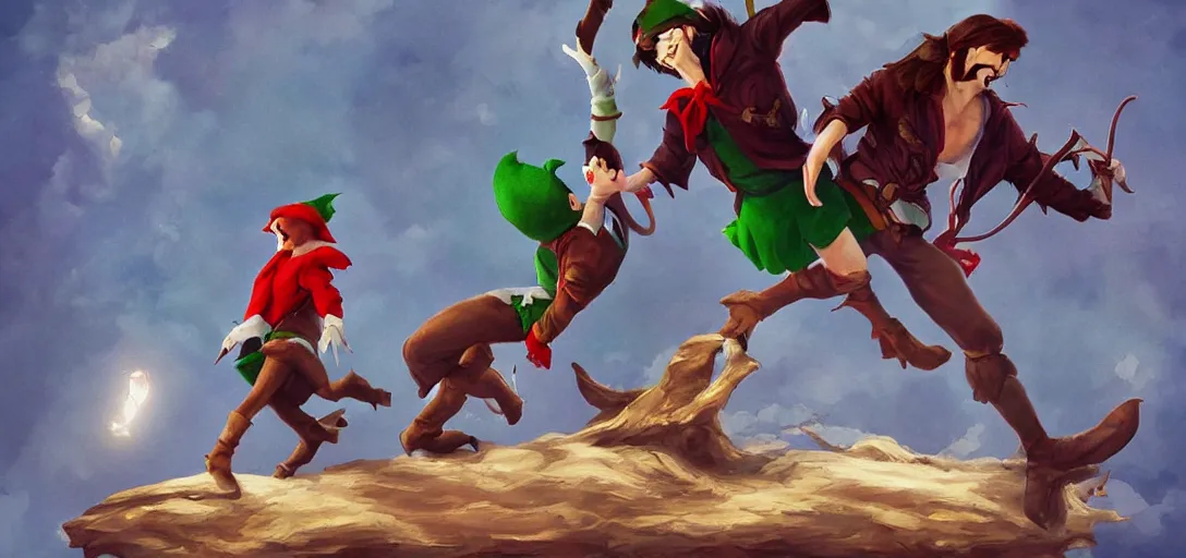 Image similar to peter pan rolling his head on captain hook, artstation