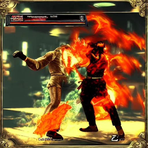 Prompt: Volcano Silent hill arcade fighter battle tekken style classic Japanese fighting game