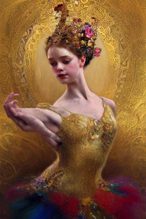 Image similar to an intricate painting of a beautiful young ballerina covered in silk clothes with klimt golden motives and textures, hyper detailed, ornamental gold headpiece, octane render, vivid colors, artstation, by jeremy mann, by alphonse mucha, by boris vallejo