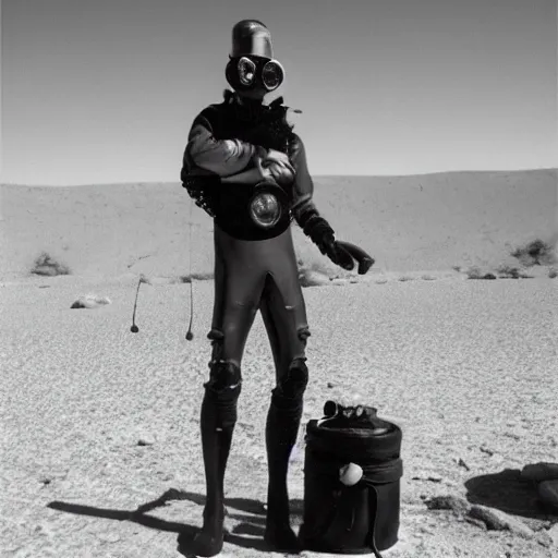 Image similar to a man wearing an old diving suit, in the desert, arriflex 35