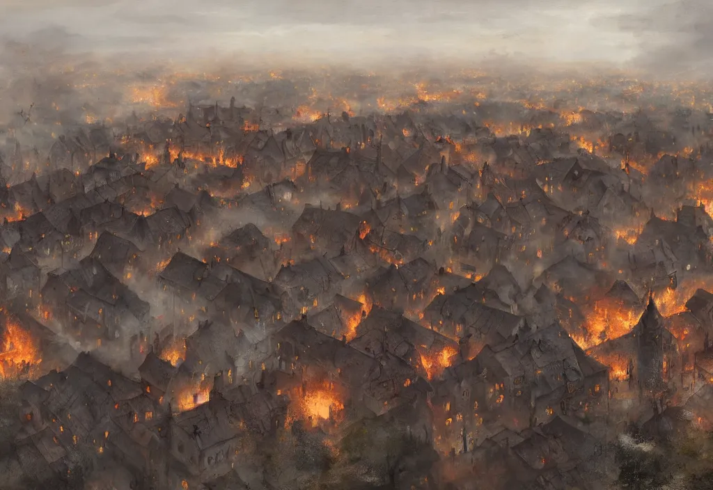 Prompt: bird eye view of a medieval village on fire, artstation, jakub rozalski, high detail, day, fog