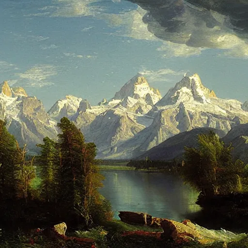 Prompt: a painting by thomas cole of the tetons