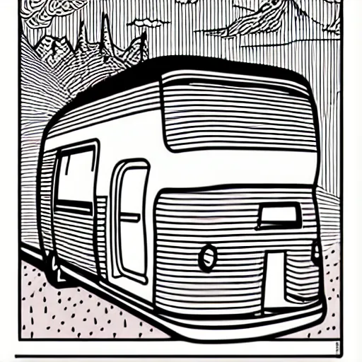 Image similar to stylized line art graphic of a white and black cute thor chateau! motorhome camper!!, mountains, colorful sunset!!, line art by tom whalen