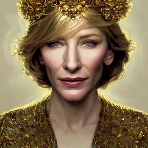 Image similar to Portrait of cate blanchett wearing a floral crown, olive skin, long dark hair, beautiful bone structure, shiny gold background, intricate, elegant, highly detailed, digital painting, artstation, concept art, smooth, sharp focus, illustration, art by artgerm and greg rutkowski and alphonse mucha