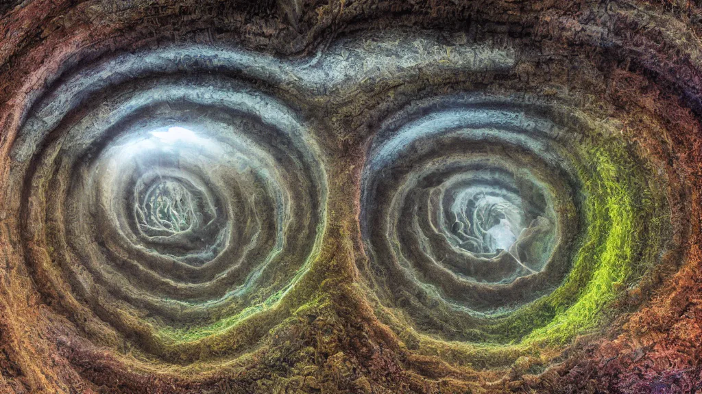 Image similar to hyperrealistic landscape dlsr photo of surrealistic spiral cave, fractal landscape photography