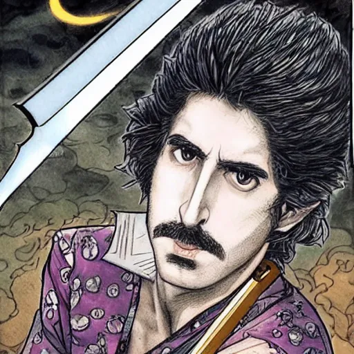 Image similar to attractive 22 year old Frank Zappa golden Vagabond magic swordsman glides through a beautiful battlefield magic the gathering dramatic esoteric!!!!!! pen and ink!!!!! illustrated in high detail!!!!!!!! by Hiroya Oku!!!!! Written by Wes Anderson graphic novel published on shonen jump 2002 award winning!!!!