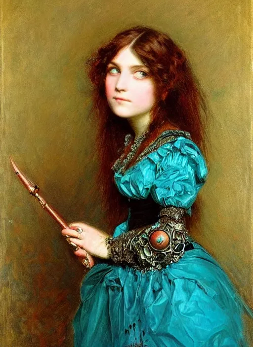 Image similar to ( ( gothic # ) ) princess portrait *. *. by william henry hunt * *, highly detailded, turquoise rust, steampunk