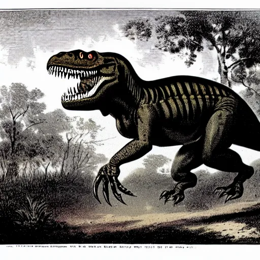 Image similar to antique lithograph from 1 9 0 0 of mr t as a tyrannosaurus rex, running in a field