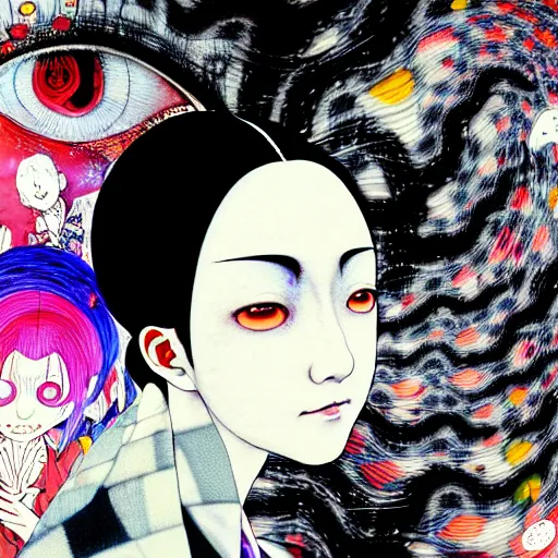 Image similar to yoshitaka amano blurred and dreamy three quarter angle portrait of a young woman with white hair and black eyes wearing dress suit with tie, playstation 2 horror game illustration, junji ito abstract patterns in the background, satoshi kon anime, chungking express color palette, glitches, film grain effect, highly detailed, renaissance oil painting, weird camera angle