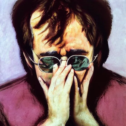 Prompt: an oil painting of elton john lennon crying by cy twombly