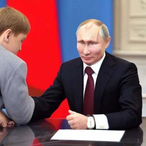 Image similar to putin teams up with a teenage putin, perfect faces