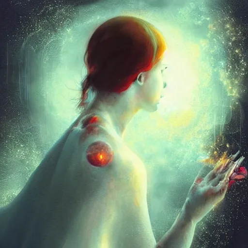 Image similar to A painting. A rip in spacetime. Did this device in her hand open a portal to another dimension or reality?! by Ryohei Hase, by Reylia Slaby precise