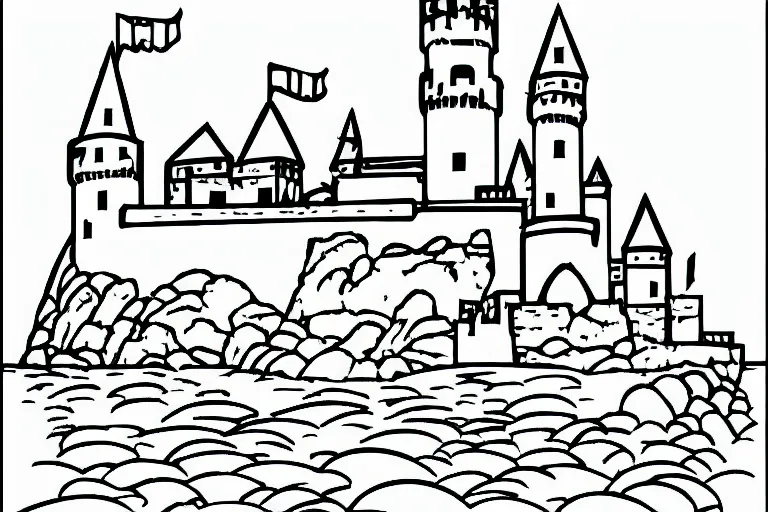 Prompt: an old castle on a seaside cliff coloring book, line art, simple, low detail, vector graphic,