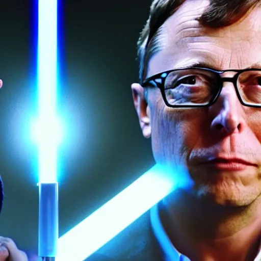 Image similar to film still of elon musk dueling bill gates with a lightsaber, epic cinematic