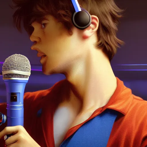 Image similar to a handsome young man with sandy brown hair and blue eyes singing into a neon blue microphone headset posing on stage. dynamic!! pose. gesture drawing. concert. cinematic lighting. wide shot photorealistic. hyper realism. ray tracing hdr. intricate detailed masterpiece. by bouguereau and shigenori soejima. lifelike.