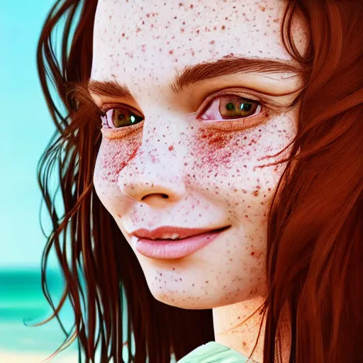 Image similar to portrait of a cute thin young woman, bronze brown hair, eye color is emerald green, red blush, cute freckles, smug smile, modern clothes, relaxing on the beach, golden hour, close up shot, 8 k, art by irakli nadar, hyperrealism, hyperdetailed, ultra realistic