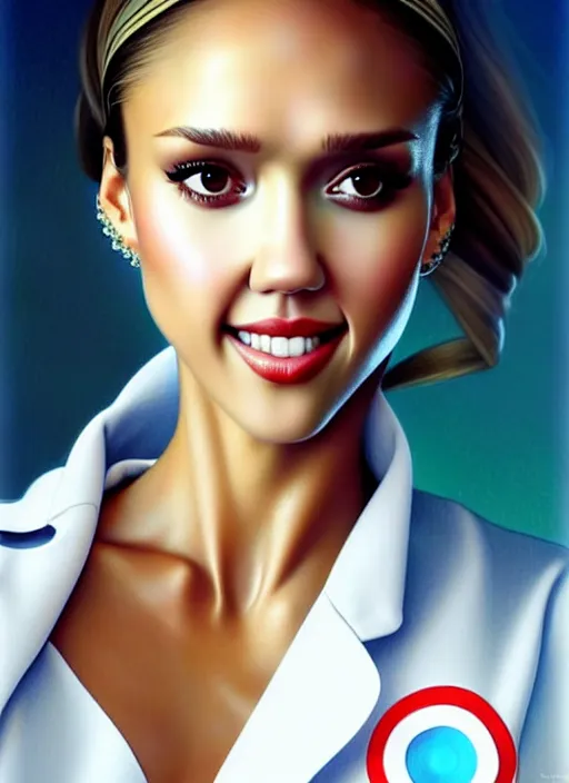 Prompt: Jessica Alba as a glamorous and sexy nurse in hospital employee in blouse, beautiful, pearlescent skin, natural beauty, seductive eyes and face, elegant girl, natural beauty, very detailed face, seductive lady, full body portrait, natural lights, photorealism, summer vibrancy, cinematic, a portrait by artgerm, rossdraws, Norman Rockwell, magali villeneuve, Gil Elvgren, Alberto Vargas, Earl Moran, Enoch Bolles