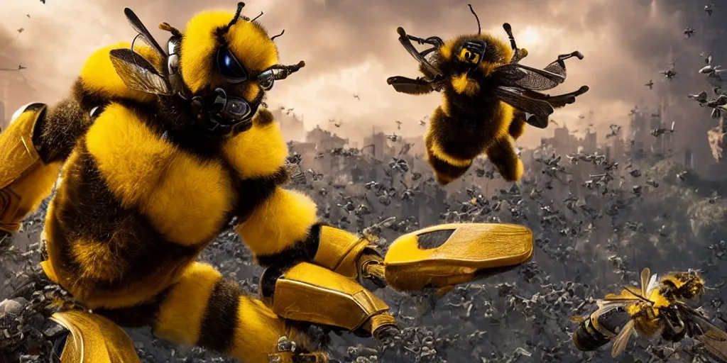 Image similar to HUGE BUMBLEBEE VERSUS THE EARTH, realistic 4k octane beautifully detailed render, 4k post-processing, highly detailed, intricate complexity, epic composition, magical atmosphere, cinematic lighting, masterpiece, ultra hd