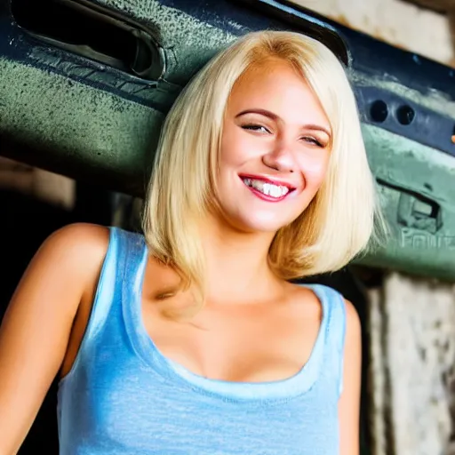 Prompt: closeup very beautiful blonde female looking at l 9 6 a 1 with mischievous smile and happy eyes